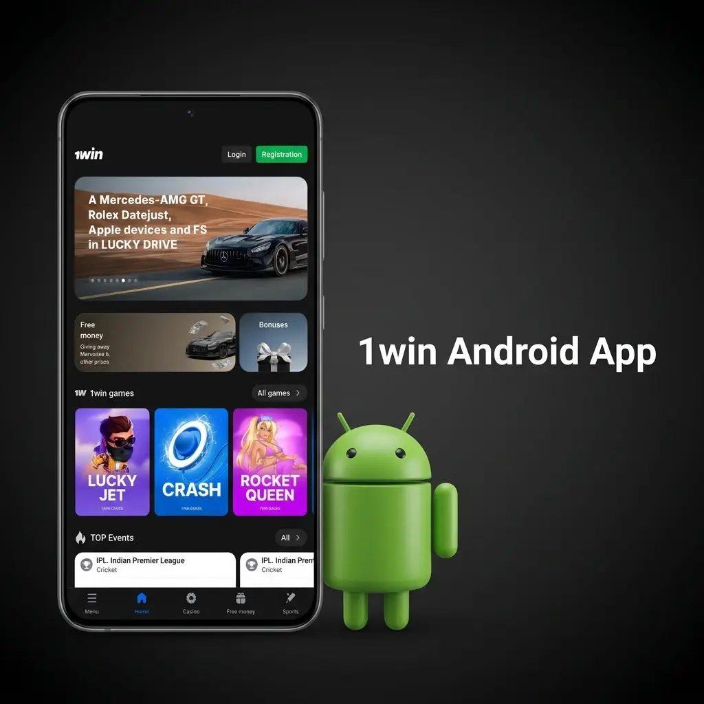 1win Android app interface showing sports betting and casino games with INR payment support on mobile device