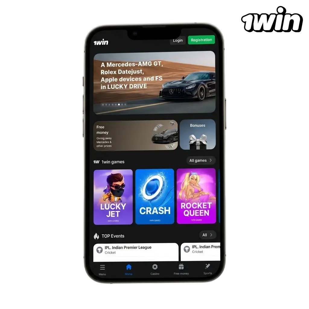 1win iOS app interface on iPhone showing sports betting and casino games available for Indian players