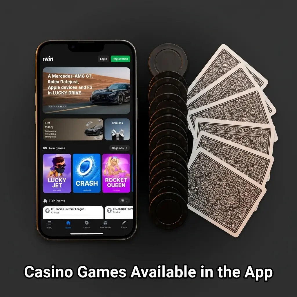 1win casino app showing 13000+ games including slots, live dealer tables, and crash games from top providers