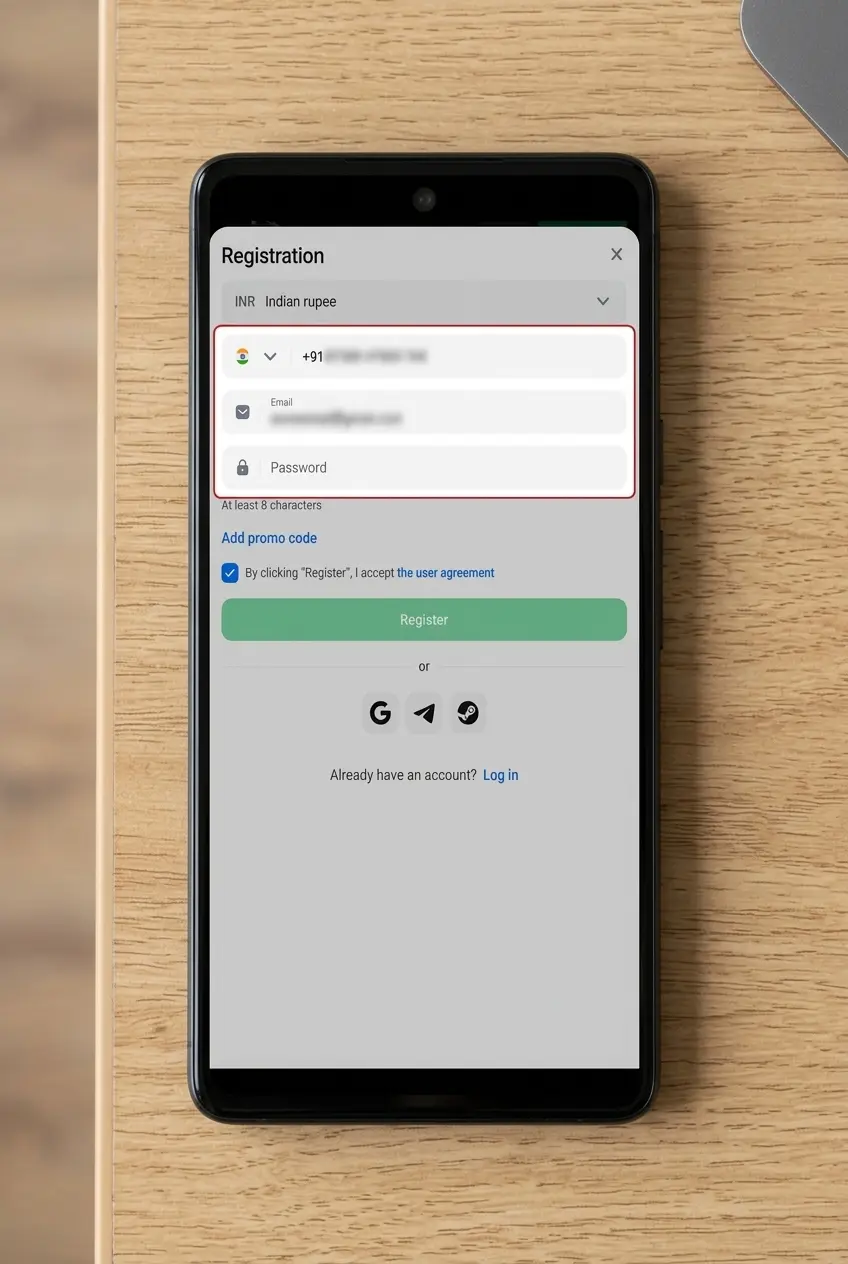 1win registration page showing Sign Up button to open account creation form with phone, email, or social login options