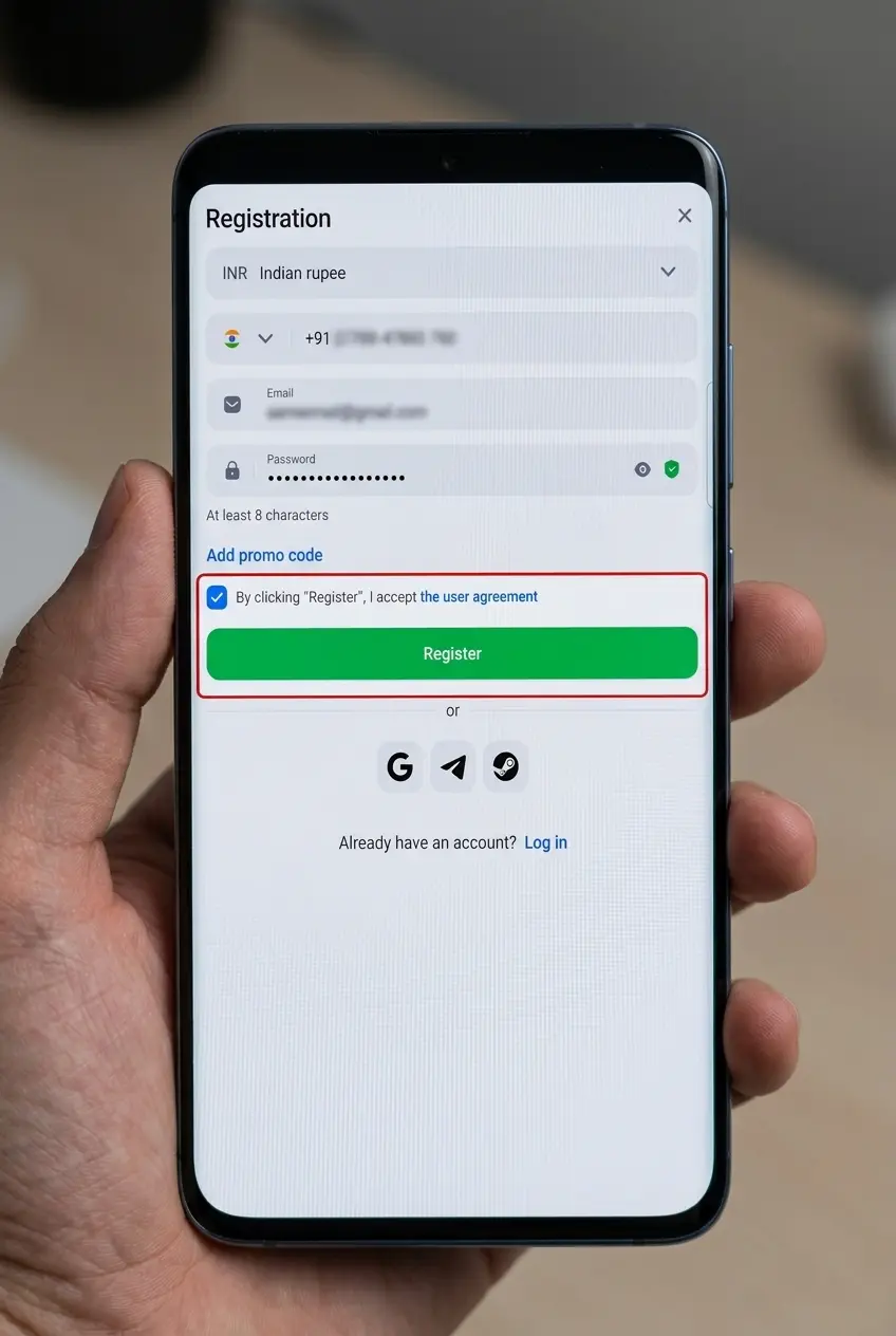 1win registration page showing Sign Up button to open account creation form with phone, email, or social login options