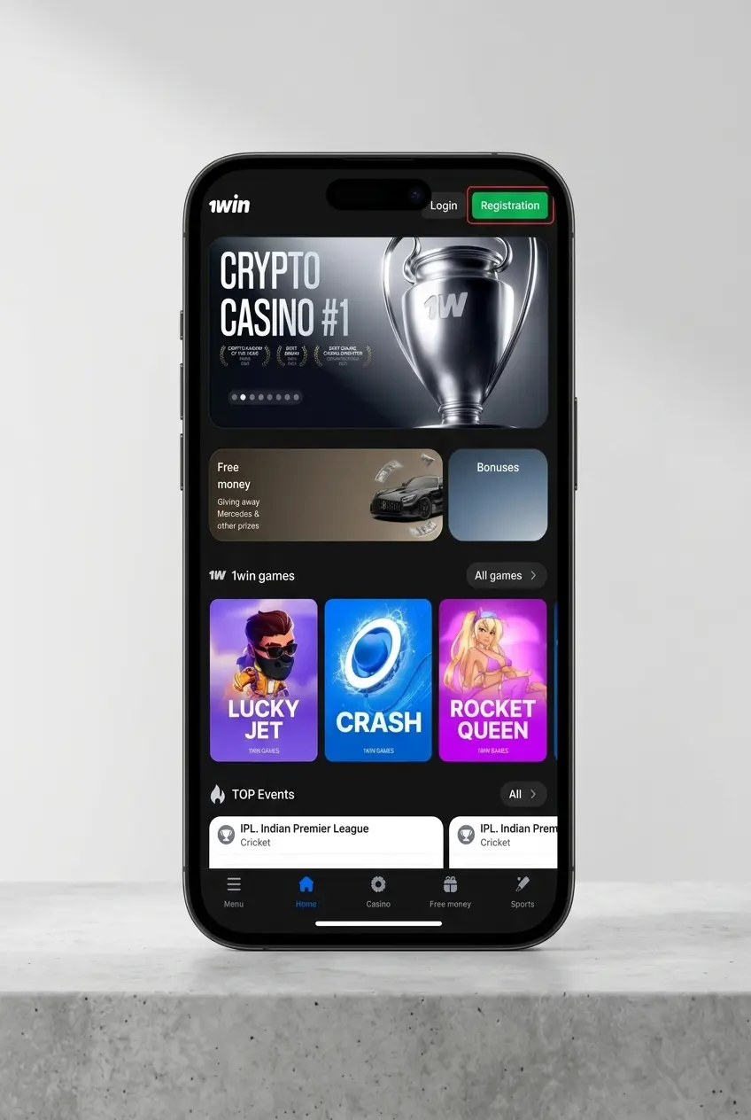 1win registration page showing Sign Up button to access account creation form with phone, email, or social login options