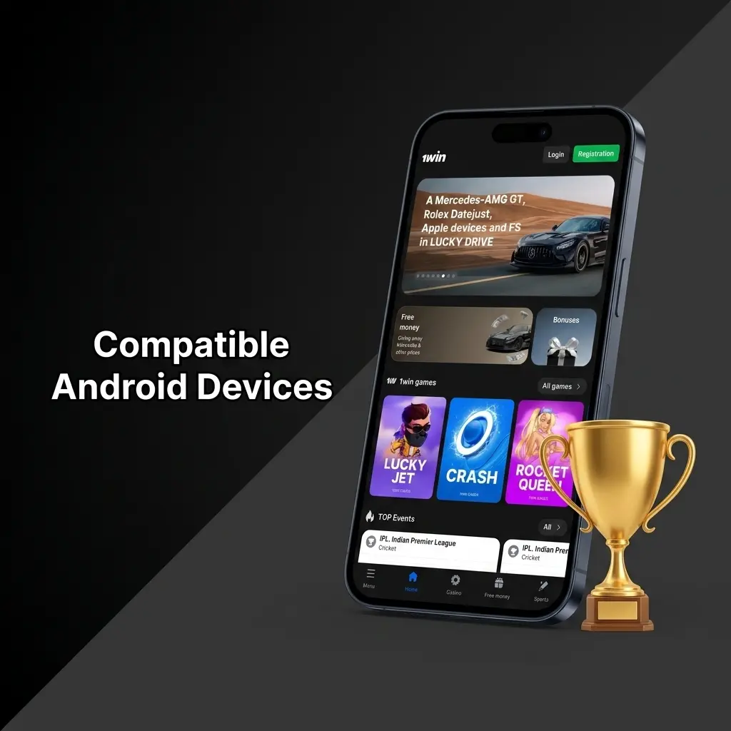 1win Android app compatible devices including Samsung, Redmi, Realme, OnePlus, Vivo, OPPO and Poco models