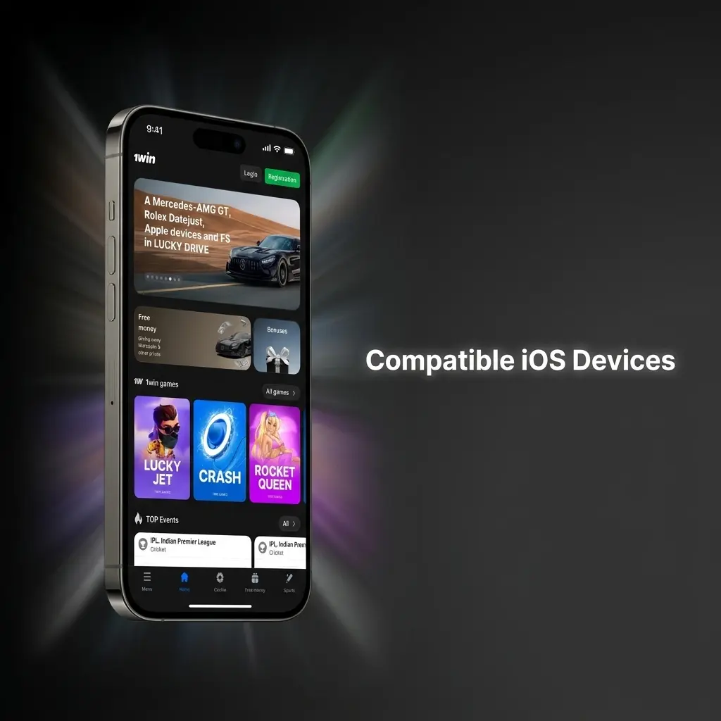 1win app compatible iOS devices list showing supported iPhone X to 15 series and iPad Air and Pro models