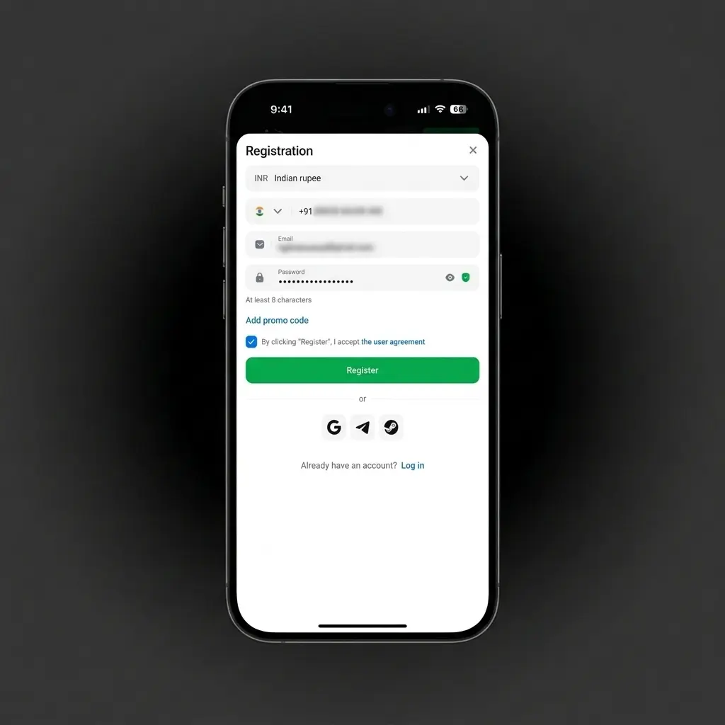 User registration form on a gaming platform showing sign-up options via phone, email, or social login to claim welcome bonus