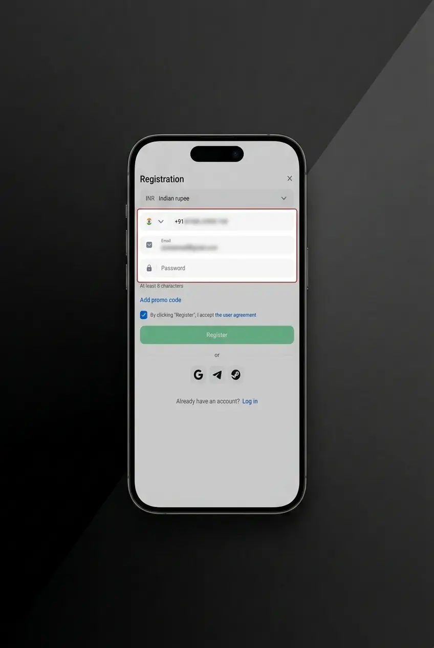 Quotex app registration screen showing download, install, and account setup steps for Indian users in INR