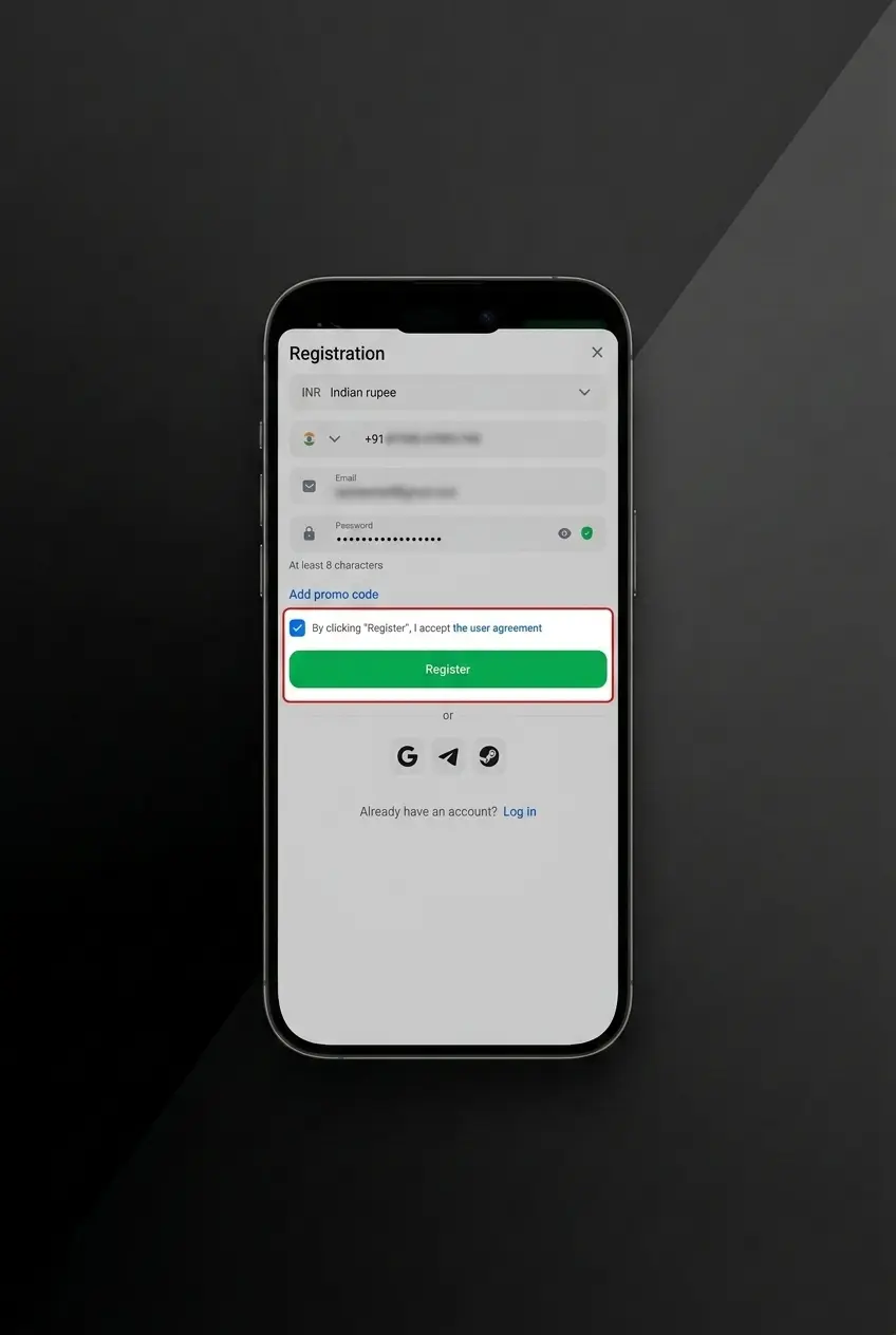 User registering on a mobile app by selecting method, filling details, and submitting the form to activate account instantly