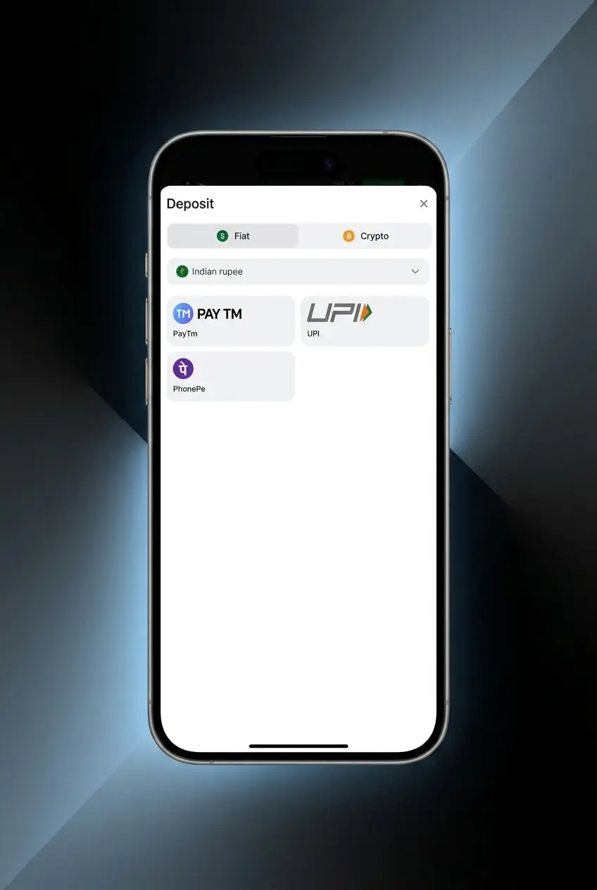 Mobile app download screen showing install button, login, deposit via UPI, and sports betting steps on smartphone display