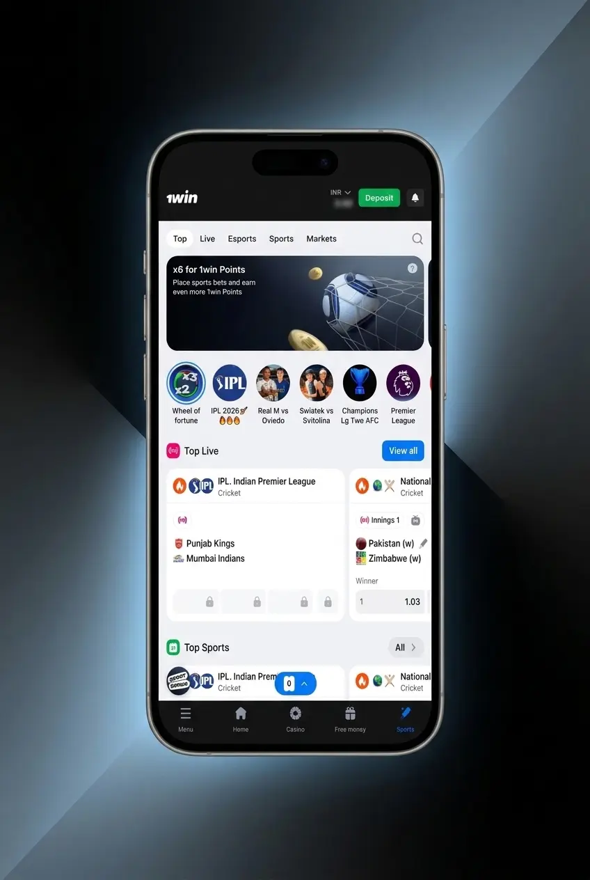 Mobile app download screen showing install button, login, deposit via UPI, and sports betting steps for cricket and football