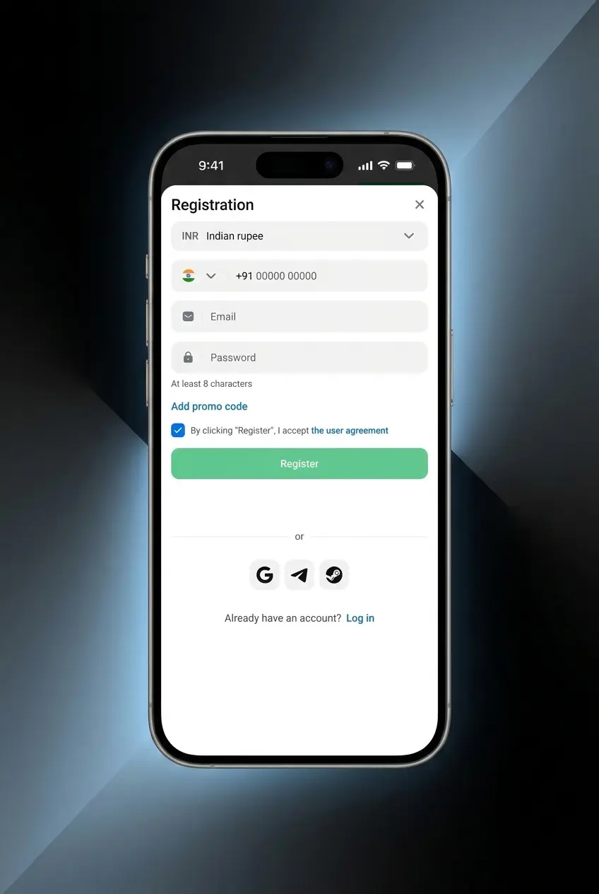 Mobile app download screen showing install button, login, cashier deposit via UPI, and sports betting steps for cricket and football