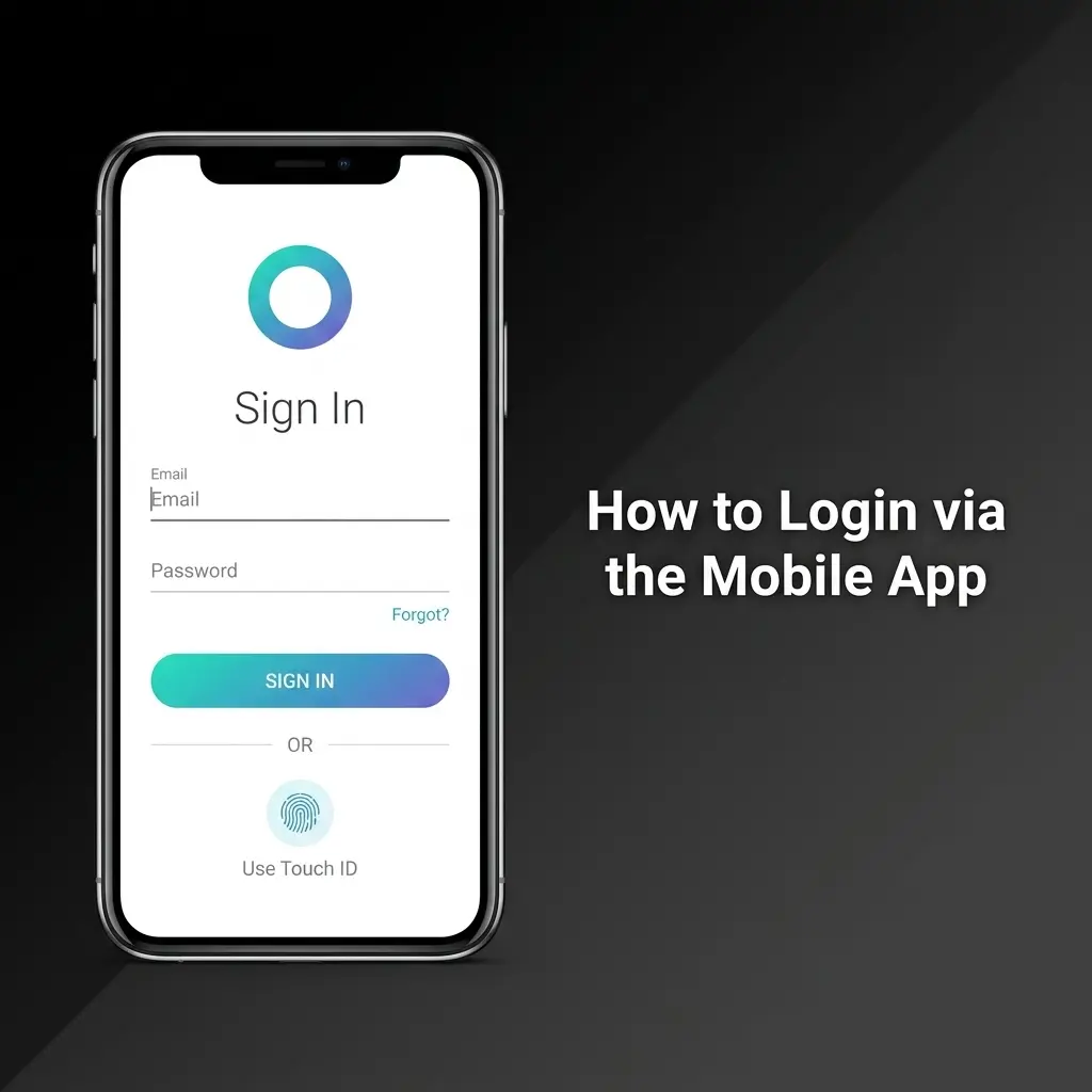 1win mobile app login screen showing email, password entry, and biometric Face ID Touch ID options for quick access