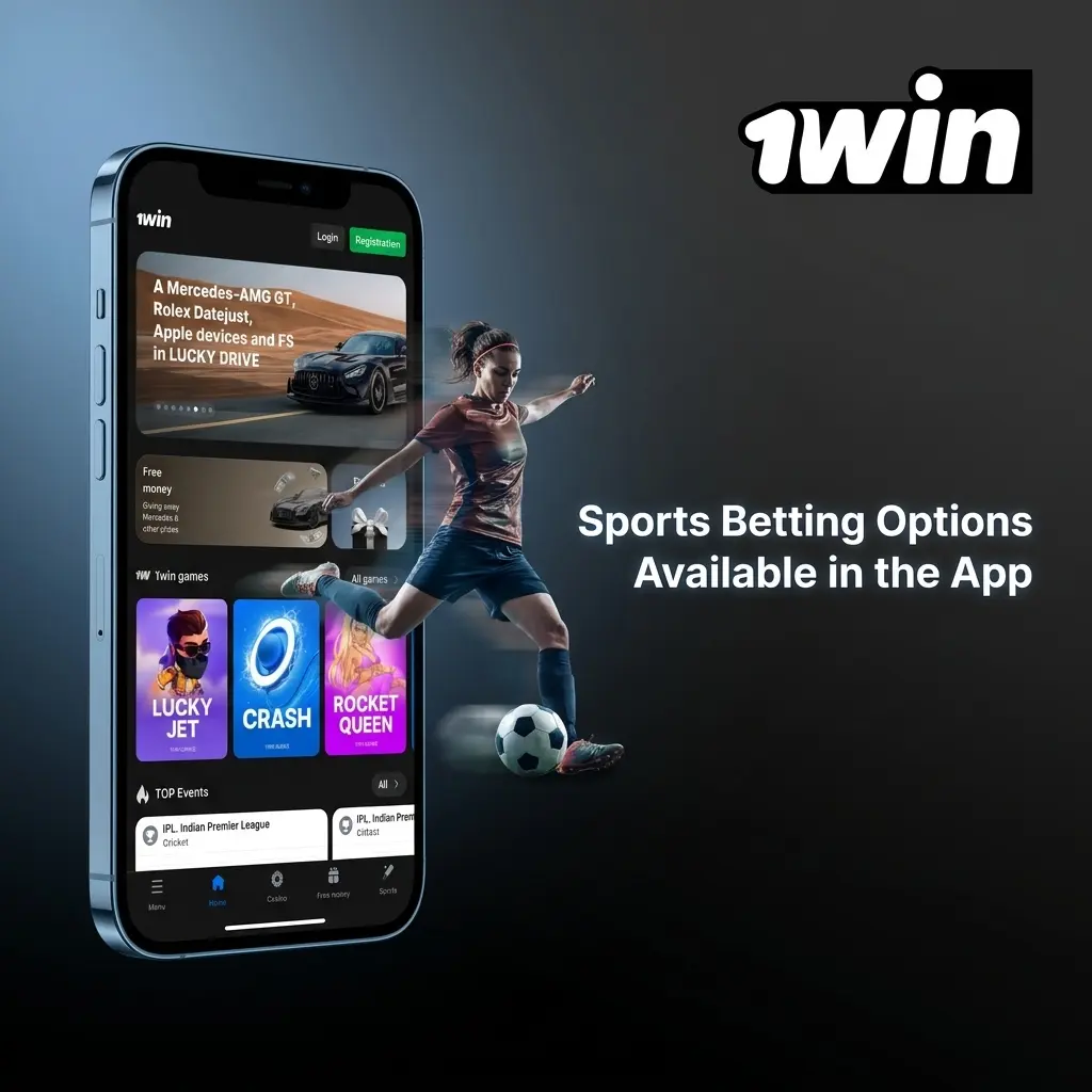 1win sportsbook app showing betting options for cricket, football, kabaddi, tennis, basketball, esports and more sports