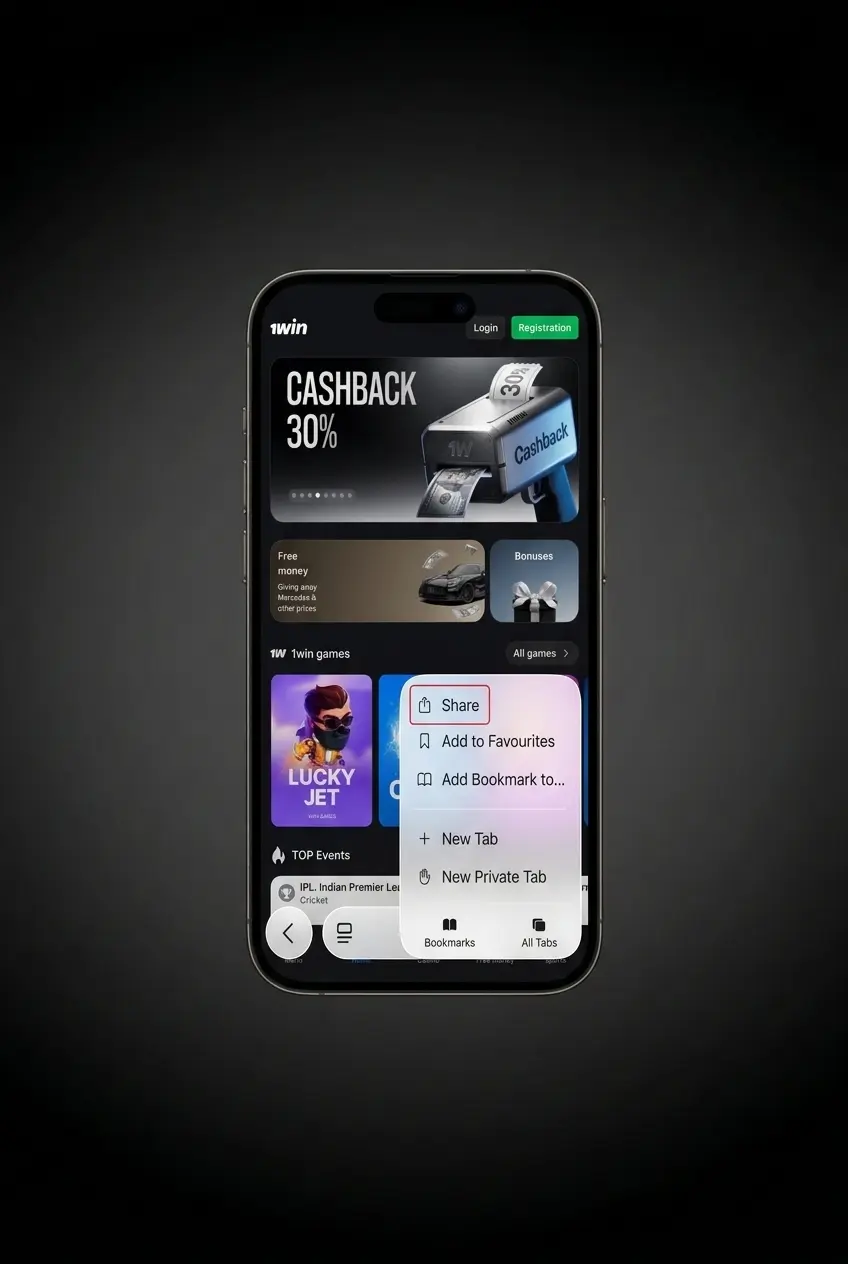1win iOS PWA download button step showing Safari browser installation process for adding to home screen