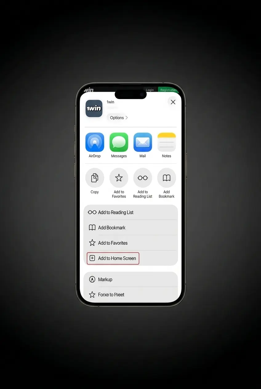 1win iOS PWA download button step showing Safari browser install process for adding app to home screen