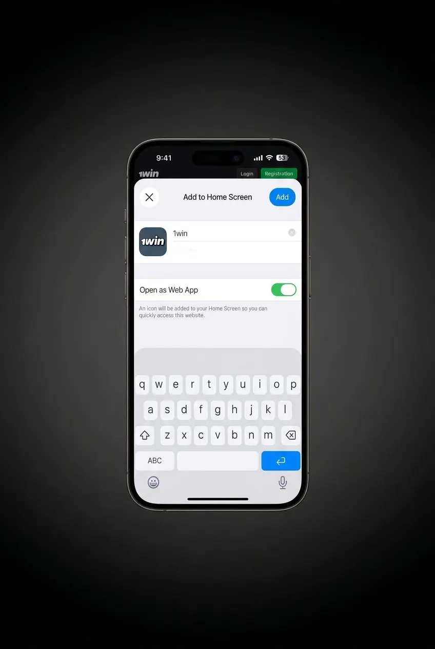1win iOS PWA download button step showing Safari installation process for adding app to home screen