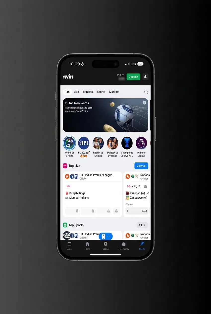 Sports section navigation showing cricket, football, kabaddi and tennis events with search bar on mobile app
