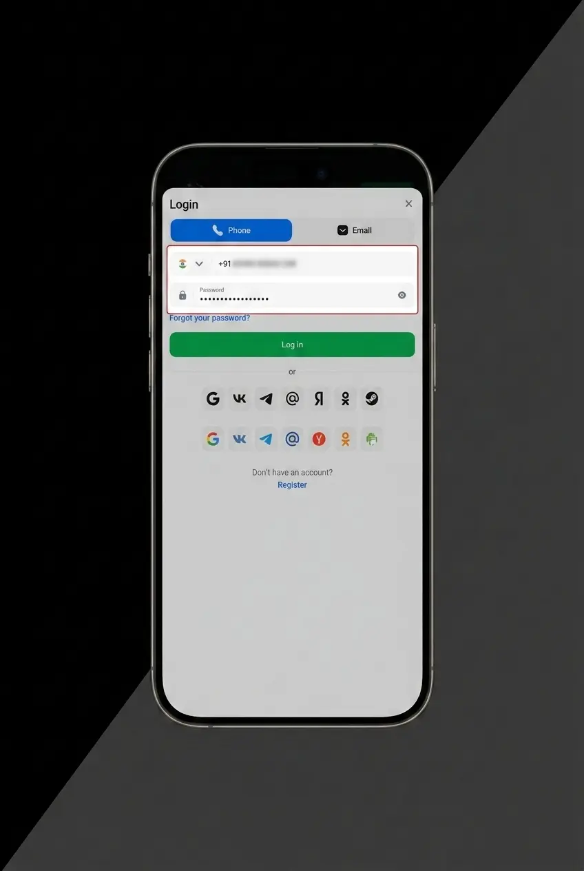 1win app login screen showing email, phone field, and Login button to access account dashboard