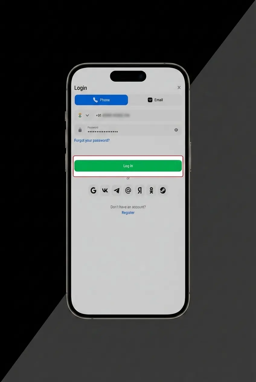1win app login screen showing email and password fields with Login button on home screen dashboard