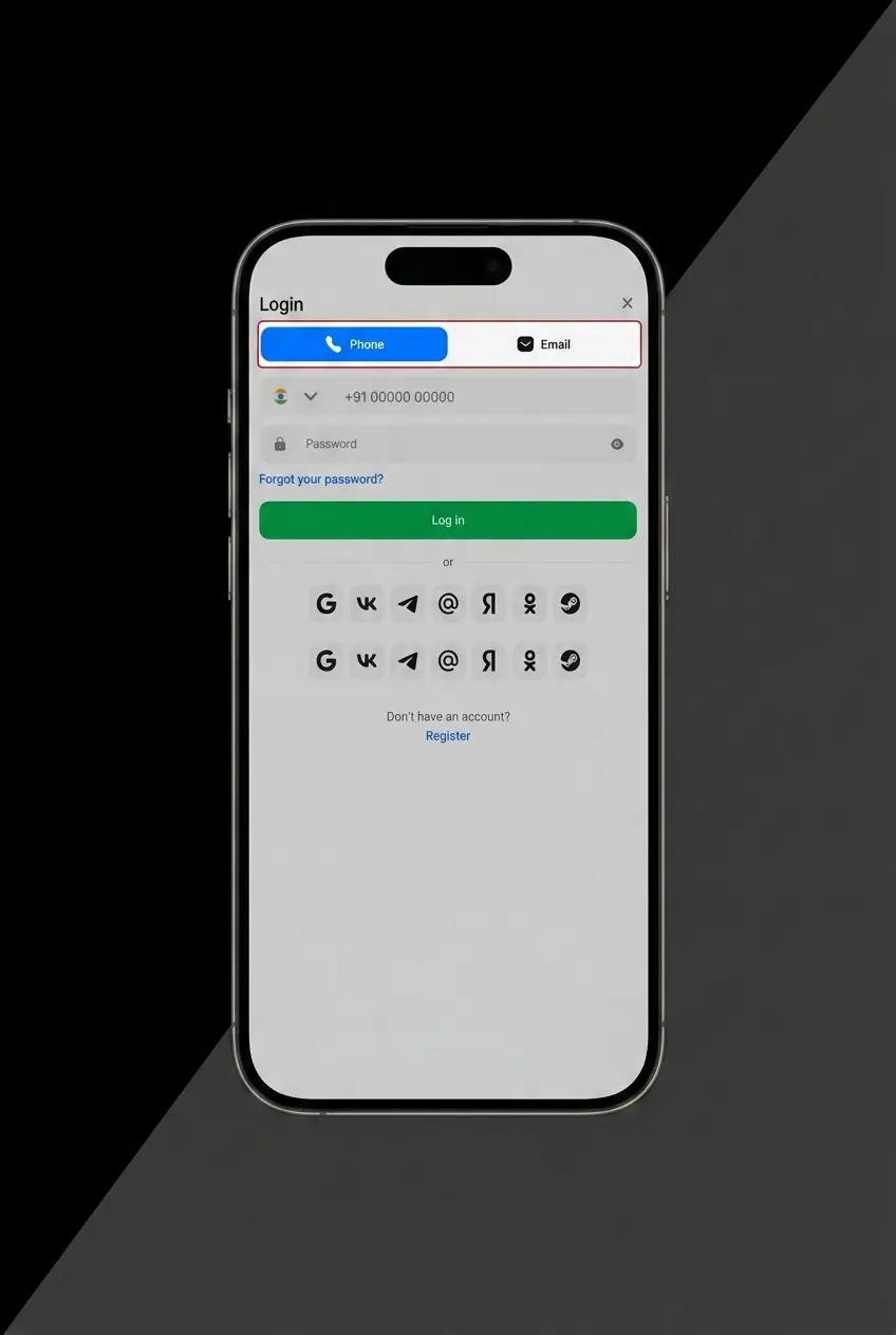 1win app login screen showing email, phone number, and password fields with Login button on home screen