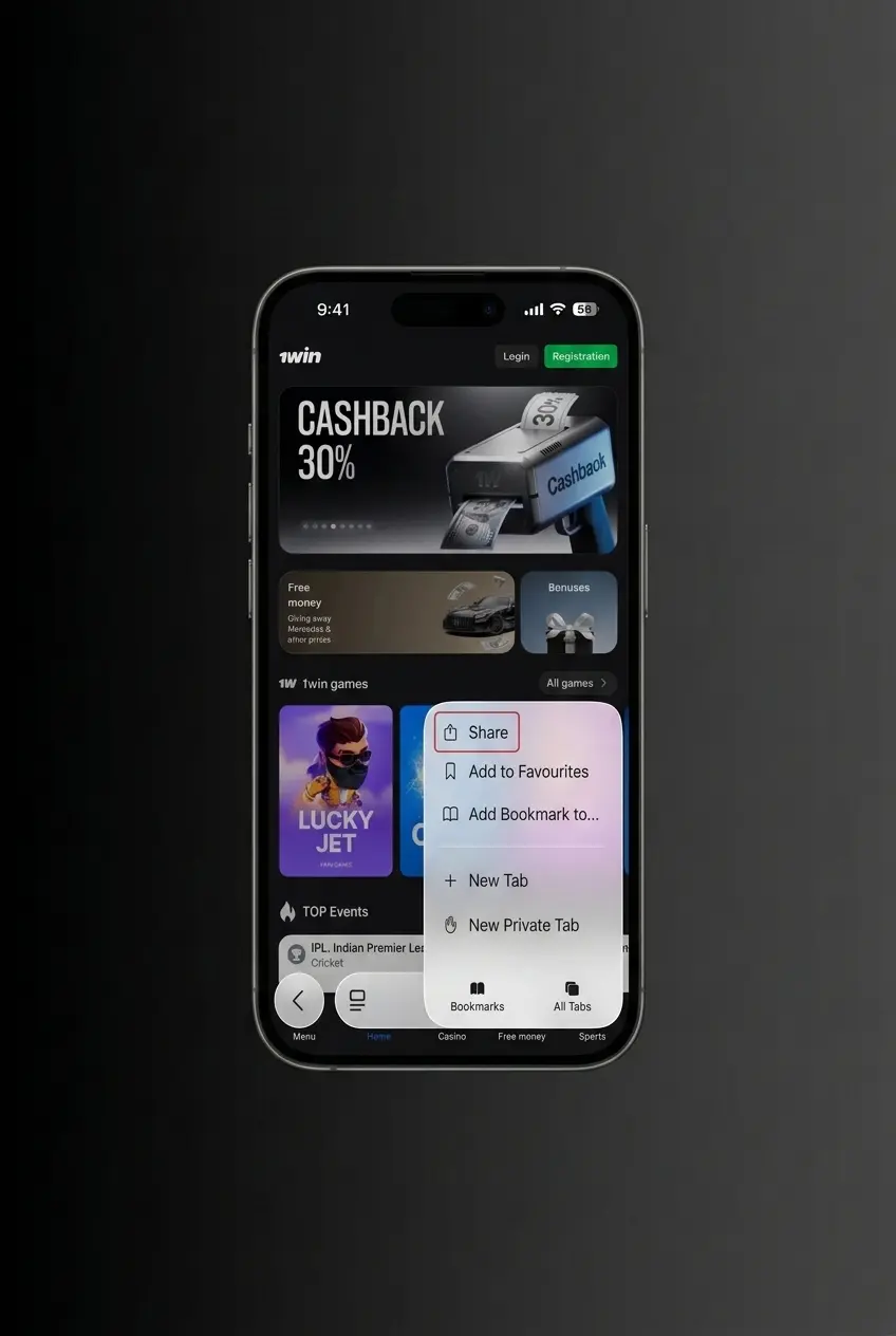 Tap Download for iOS button to install 1win PWA on iPhone via Safari browser in under 60 seconds