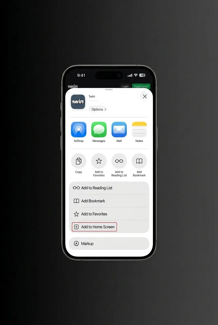 1win iOS app download step: tap Download for iOS button to open platform in Safari browser for installation