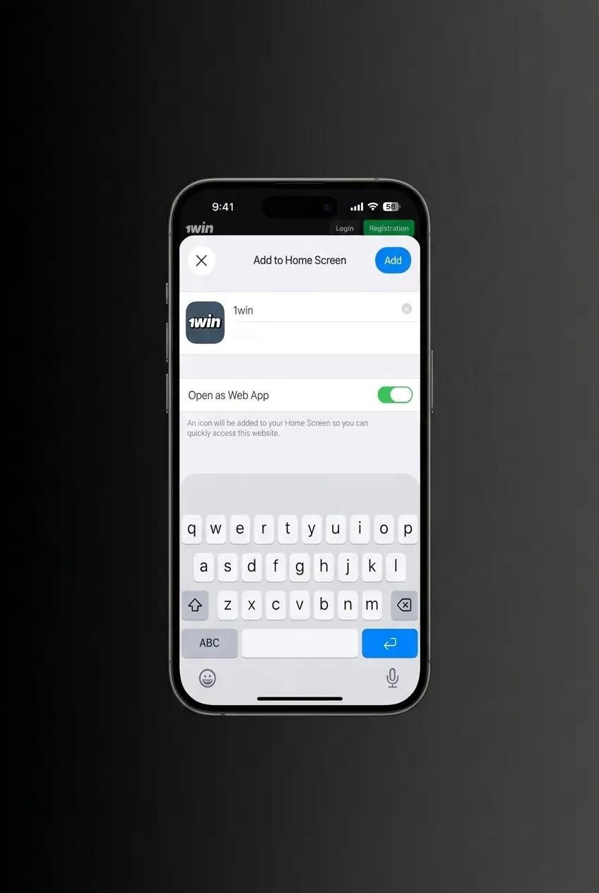 Tap Download for iOS button to install 1win PWA on Safari, register, and add to home screen in under 60 seconds.