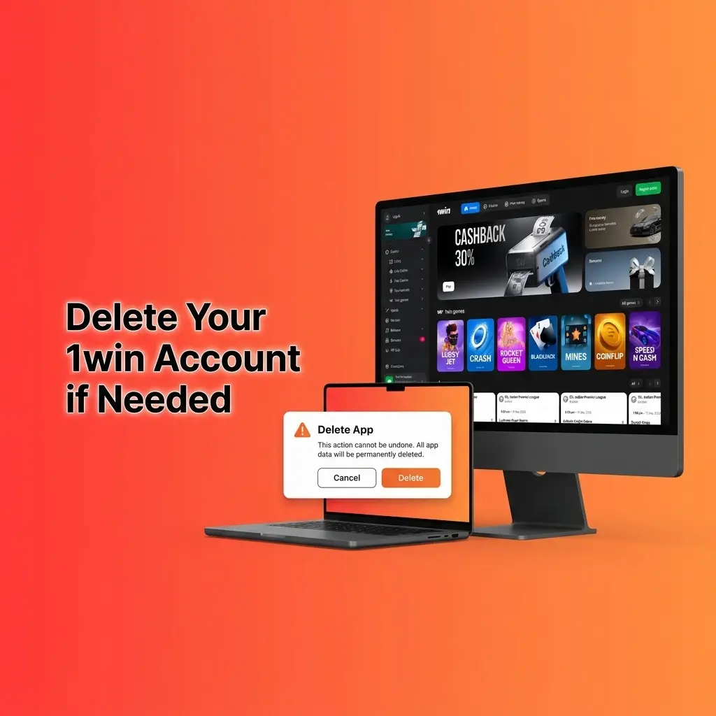 1win account deletion settings page showing close account option and support contact details