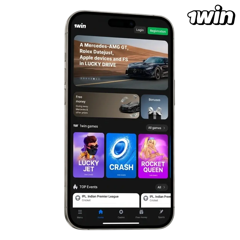 1win app for Android and iOS showing sports betting and casino features with 500% welcome bonus up to 1,80,000 INR