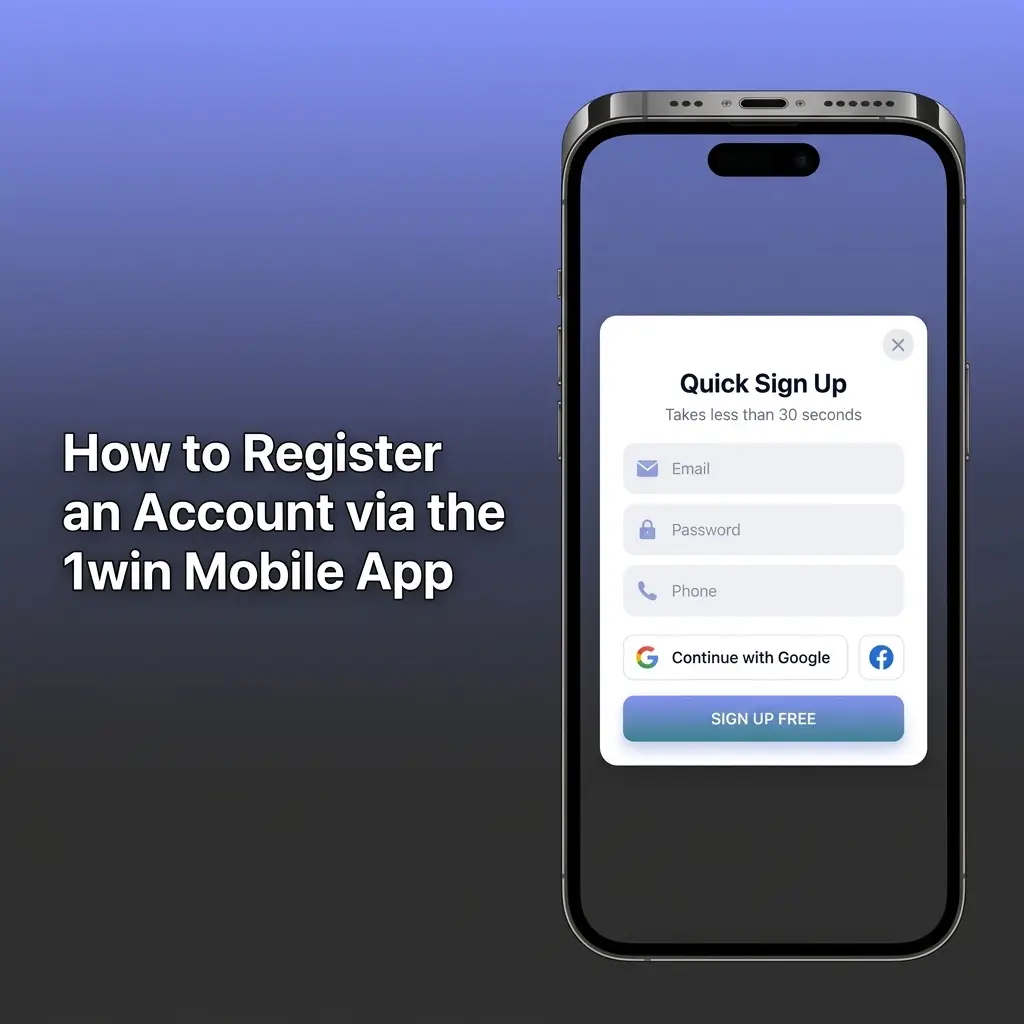 1win mobile app registration screen showing sign-up form with currency selection and promo code field in under 60 seconds