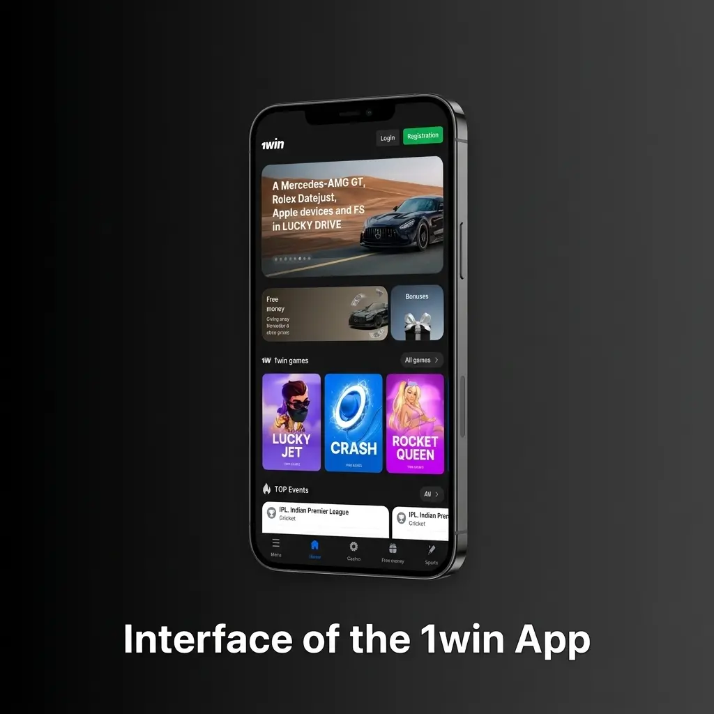 1win app dark-themed interface showing bottom navigation bar with Sports, Casino, Live, and Account sections