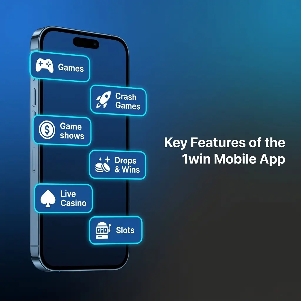 1win mobile app features for Indian players showing INR support, UPI payments, bonuses, and 13000+ casino games
