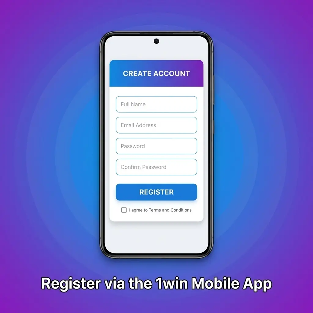1win mobile app registration screen showing sign-up options including one-click, phone, email and social media methods