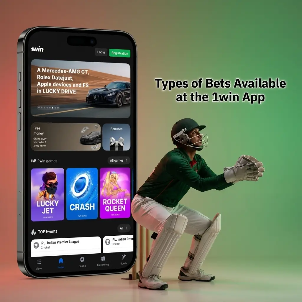 Single, accumulator, treble, system, and live in-play bet types available on the 1win sportsbook app
