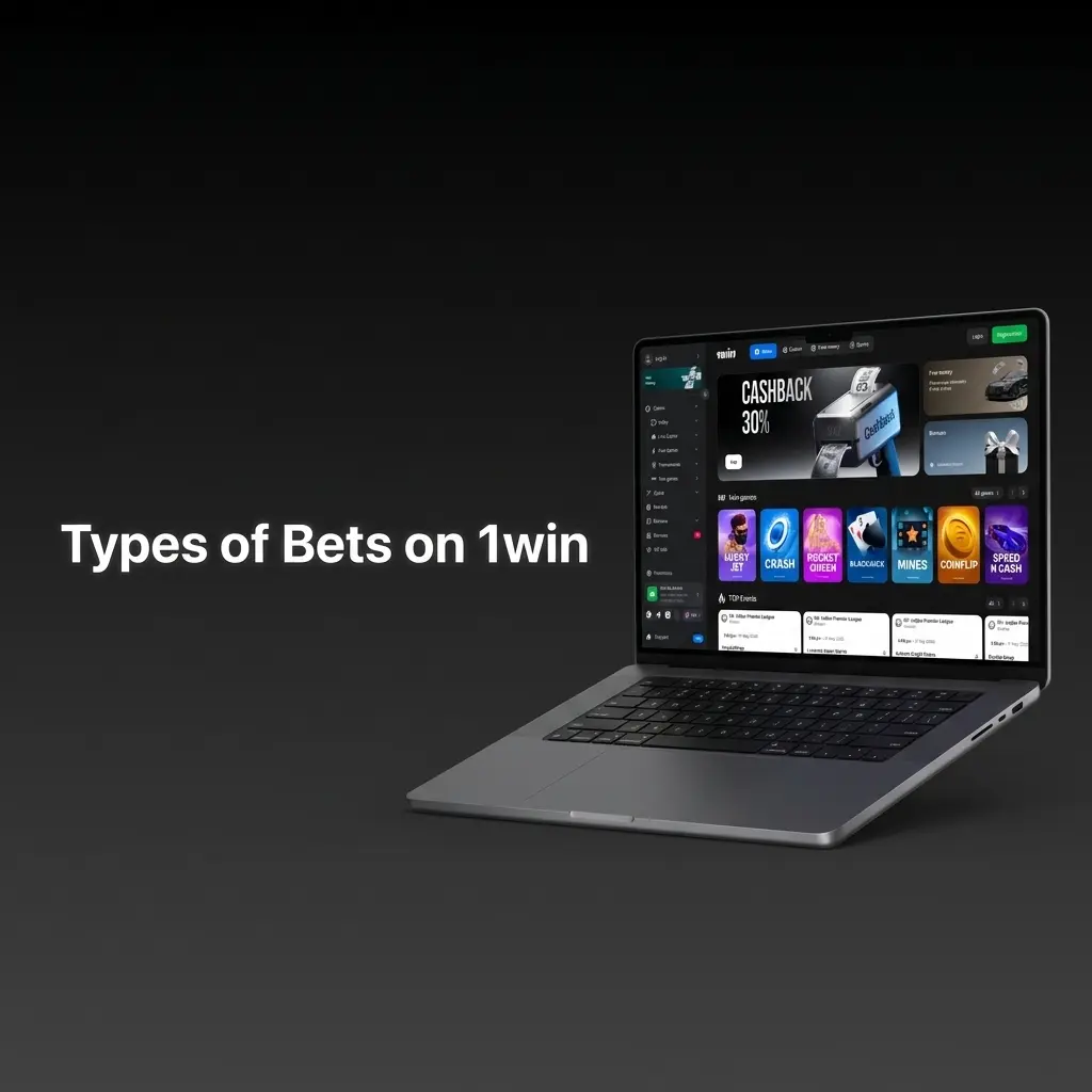 1win bet types chart showing Single, Express Accumulator, and System bets with odds and payout structures