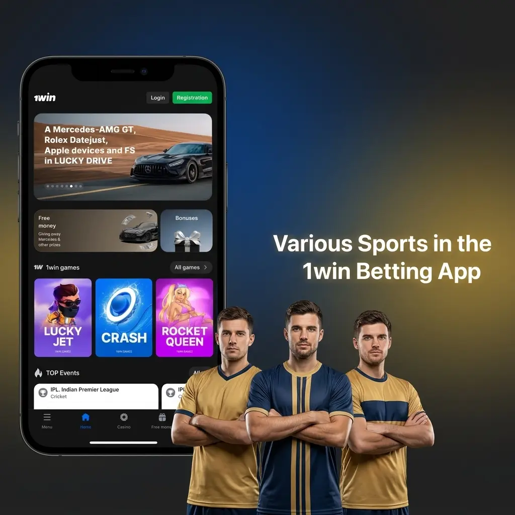 1win betting app showing various sports including cricket, football, kabaddi, basketball, tennis, and eSports options